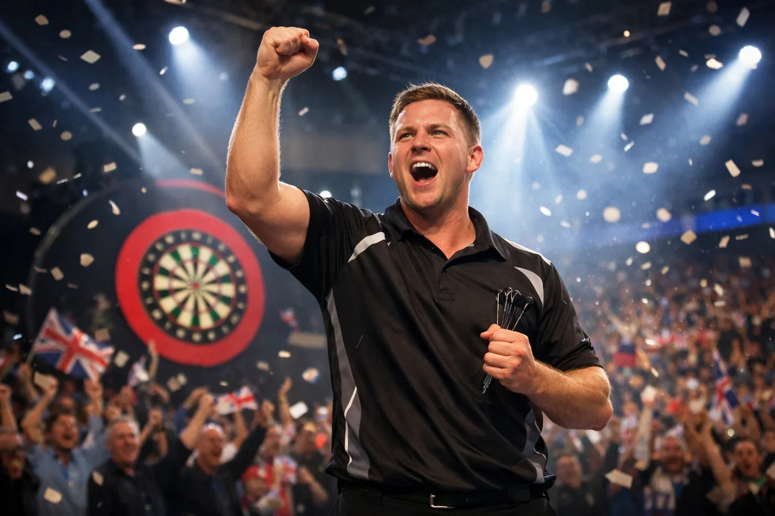 Darts-Spieler feiert mit erhobener Faust seinen Sieg auf der WM-Bühne vor jubelndem Publikum